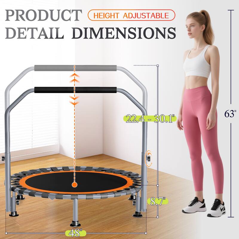 40"/48" Foldable Mini Trampoline Rebounder with Adjustable Foam Handle for Indoor/Outdoor Fitness
