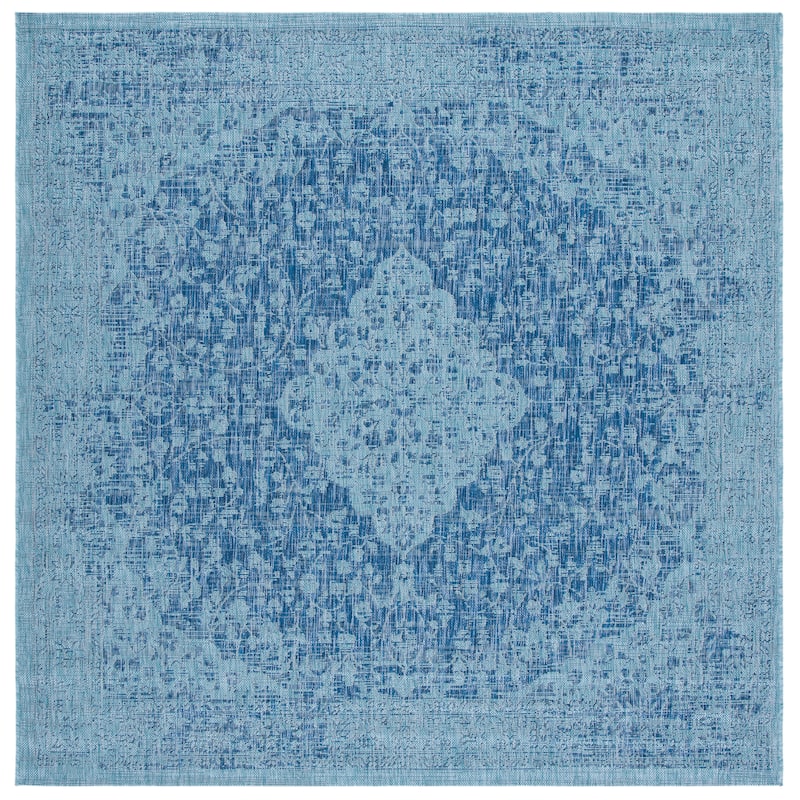 SAFAVIEH Courtyard Boud Indoor/ Outdoor Waterproof Patio Backyard Rug - 6'7" Square - Navy/Aqua