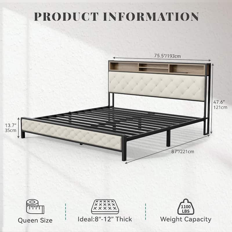 Queen/King Size Platform Bed Frame with Charging Station, Upholstered Storage Headboard & Metal Slats