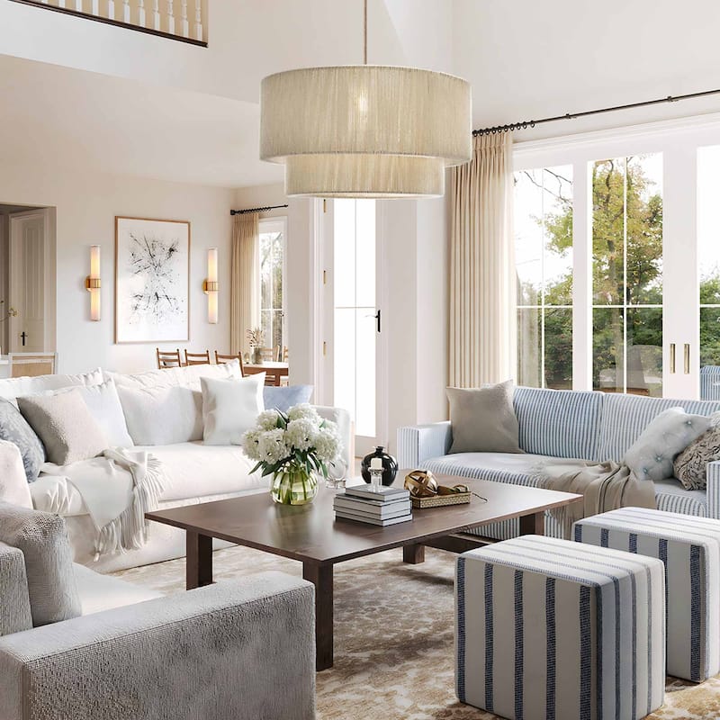 Elaine Rattan Pendant Light - Ivory White Large Drum 1-Light Handwoven Light Fixture For Modern, Boho, Farmhouse Room Decor