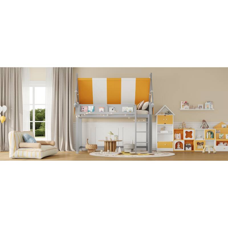 Roomfitters Twin/Full Size Loft Bed with Canopy, LED Lights and Book Shelf