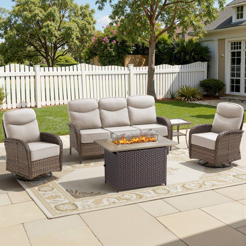 Meyreso 5-Piece Wicker Outdoor Patio Fire Pit Sofa Set with 6-Inch Thick Cushions