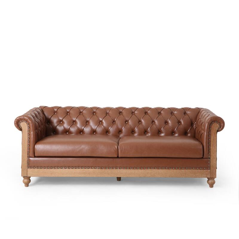 Retro 3-Seat Sofa with PU Leather and Wooden Legs, Easy Maintenance