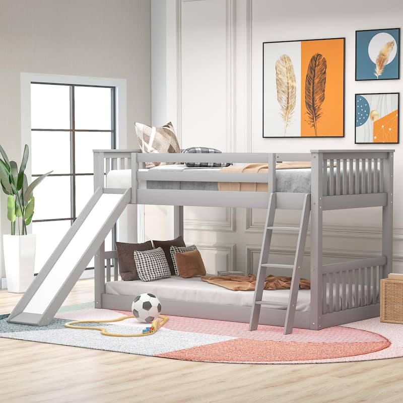 Twin over Twin Bunk Bed with Convertible Slide and Ladder, Gray - Gray