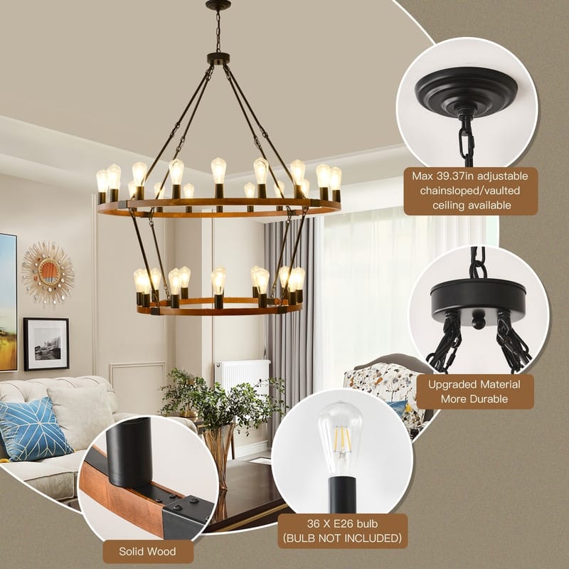 Farmhouse Wagon Wheel Chandelier - Rustic Wood & Metal Adjustable Pendant Light for Dining Rooms, Kitchens & Entryways