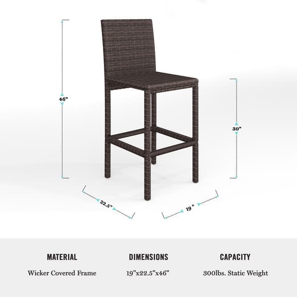 dimension image slide 2 of 5, Martha Stewart 5-Piece Outdoor Rattan Wicker Patio Set with 4 Bar Stools, Bar Height Table - 19"W x 22.5"D x 46"H