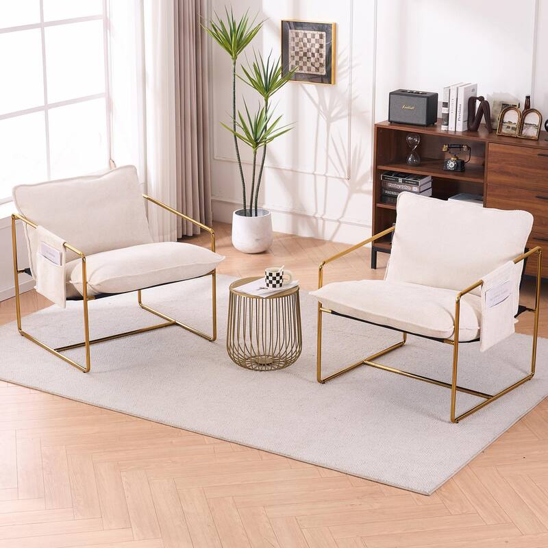 Upholstered Hanging Armchairs with Arm Pockets, Metal Frame,Set of 2 - Beige+Gold
