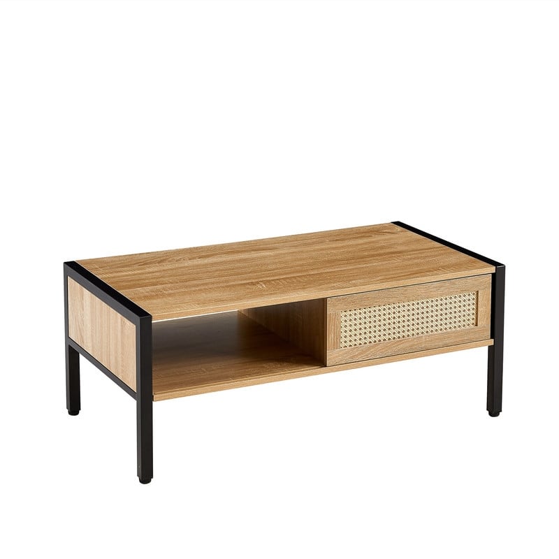 40.16" Modern Rattan Coffee Table with Sliding Storage Doors and Metal Legs for Living Room