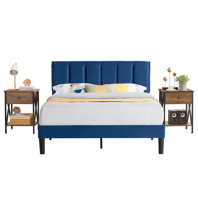 VECELO 3-Pieces Tufted Upholstered Platform Bed Frame with Adjustable Height Headboard and Nightstands Set of 2, Dark Blue