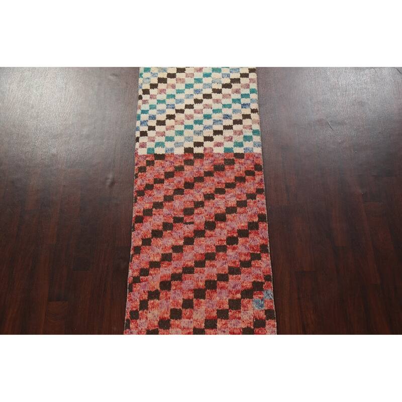 Modern Checkered Moroccan Oriental Wool Runner Rug Hand-knotted Carpet - 2'11" x 12'10"