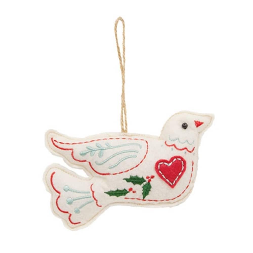 White Felt Dove Ornament with Embroidered Design and Jute Hanger - 6 x 1 x 3.50 in.