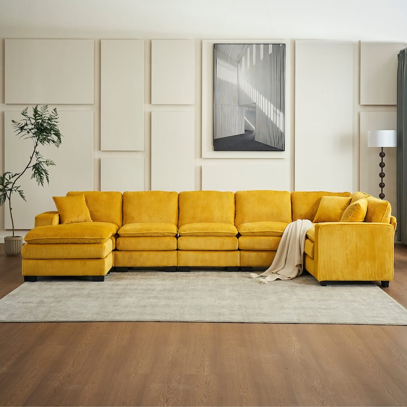 Modern U-Shaped 6-seat Modular Sectional Sofa with 1 Ottoman & 3 Toss Pillows - Yellow