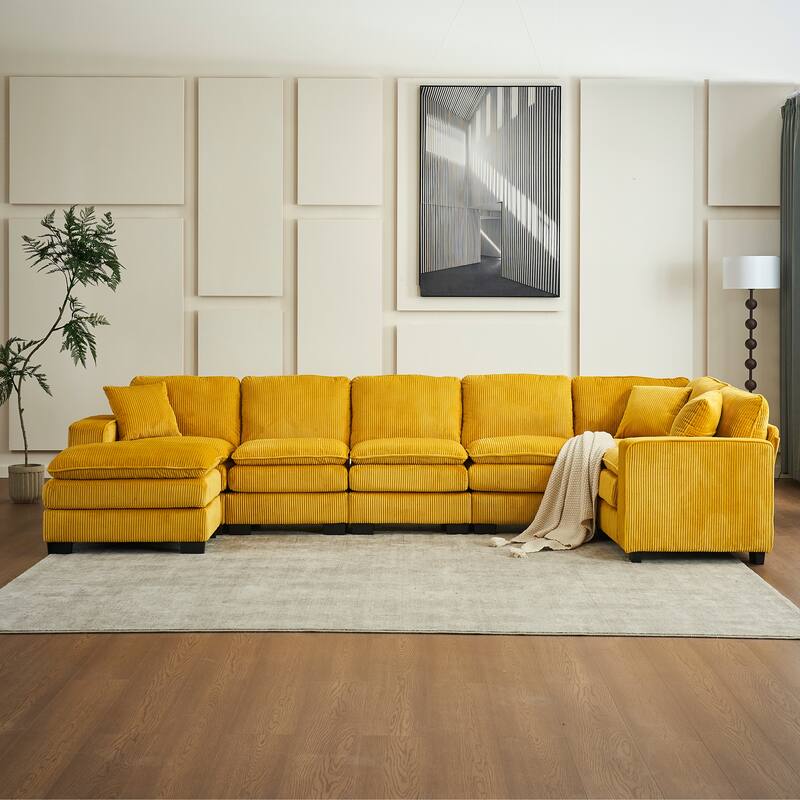 Yellow 118.1'' Luxurious U-Shaped 6-Seat Sectional Sofa with Ottoman and 3 Throw Pillows in Durable Corduroy - Yellow