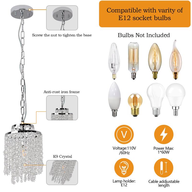 1-Light Crystal Pendant Light,for Kitchen Island Living Room Bar Lighting Fixtures - Chrome