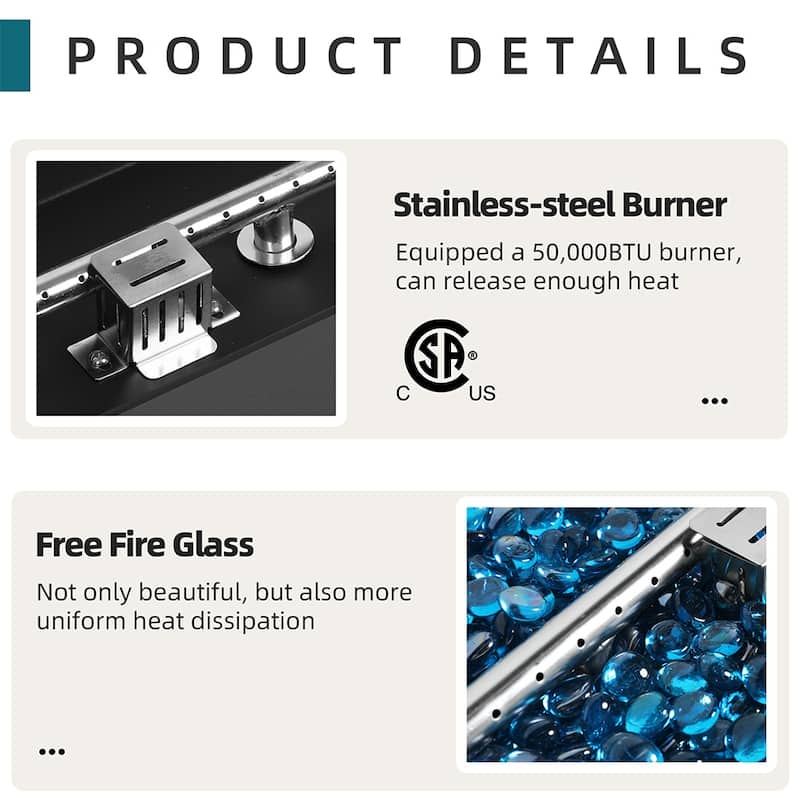 UPHA 42 Inch Outdoor Propane Fire Pit Table, 50,000 BTU Iron Rectangular Gas Fire Pits for Outside with Tank Cover and Lid