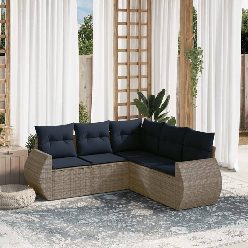 vidaXL Patio Sofa Set with Cushions Outdoor Conversation Furniture Poly Rattan - 24.4 x 24.4 x 27.2 - Grey and Blue-Without table