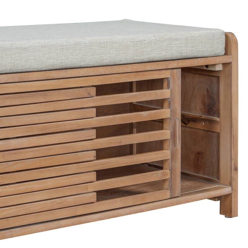 Entryway Bench Storage Shoe Bench w/ Cushion & Sliding Door, Shoe Cabinet Organizer for Living Room, 15.4" W x 43.3" D x 16.5" H