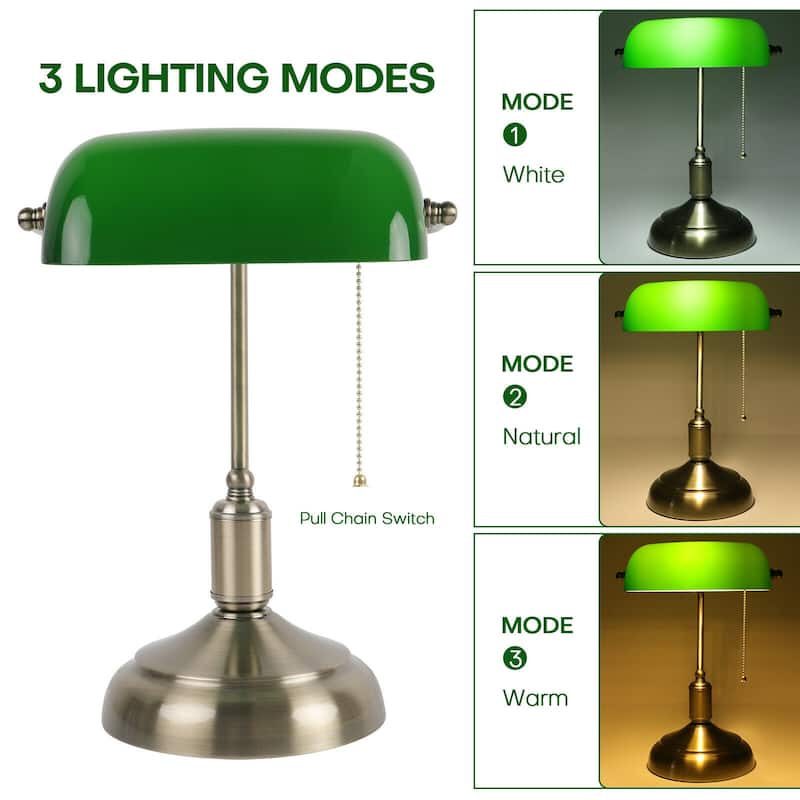 Antique Green Glass Bankers Desk Lamp Table Light w/ Pull Chain Switch - 9x7x15"