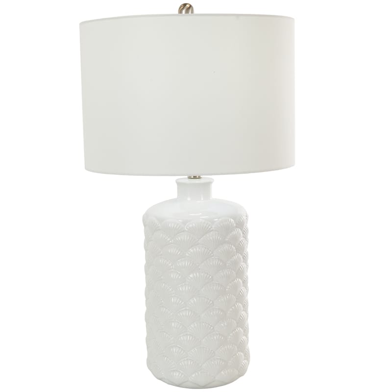 Ceramic Shell Embedded Room Table Lamp with Drum Linen Shade - White - Roche River Decor - White