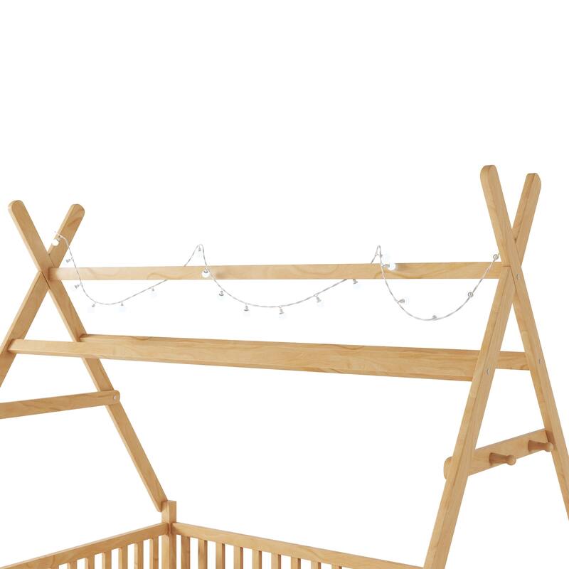 Full House Bed with Light, Low Floor Design, Fence and Roof for Kids, Natural Wood Finish