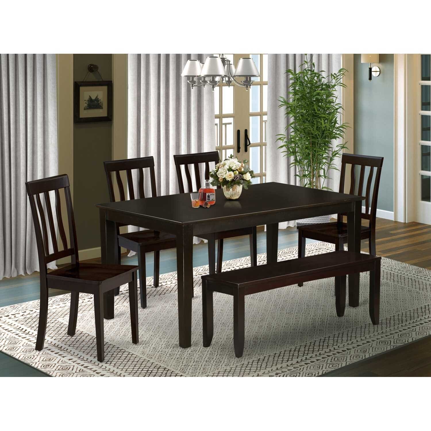 HomeStock 6-Piece Rectangle Cappuccino Finish Solid Wood Top Dining Table with 1 Bench, 4 Chairs