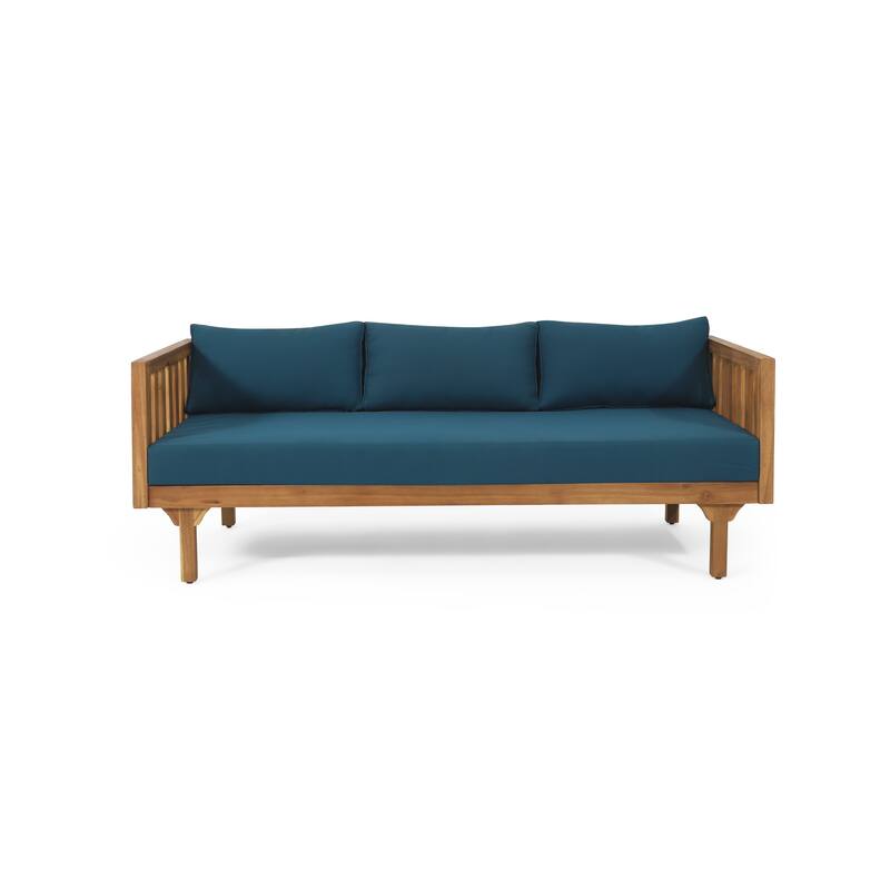 Clara Outdoor 3 Seater Daybed Sofa, Slatted Teak Wood, Blue Fabric