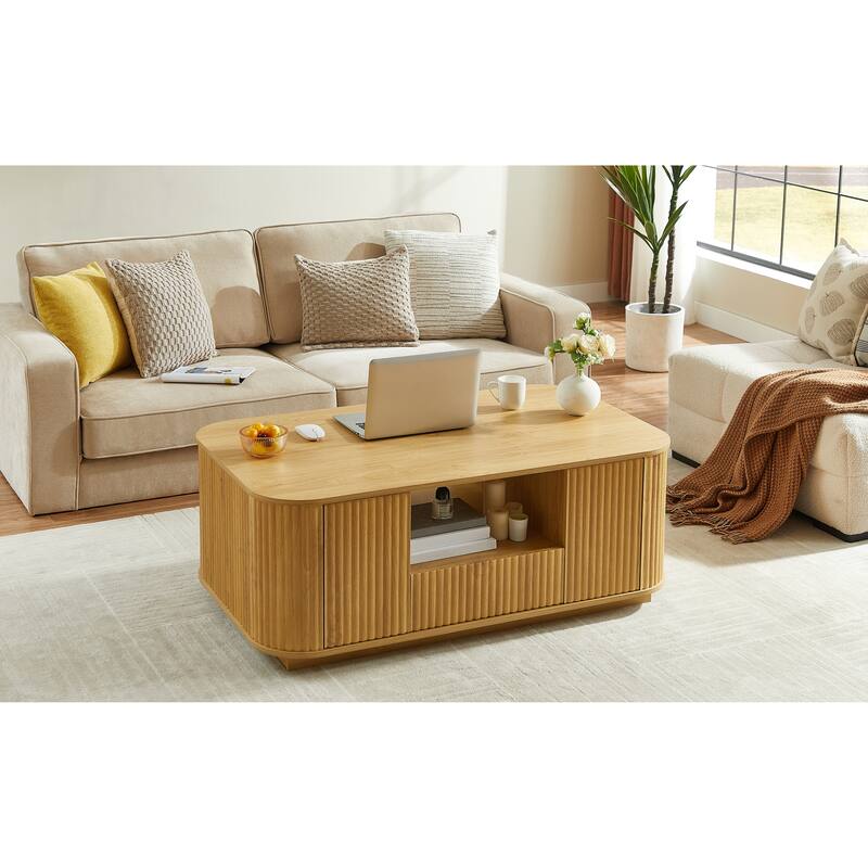 Rustic Coffee Table Office Table with Two Storage Drawers, Wood Wavy Curved Center Table End Table with Open Shelf