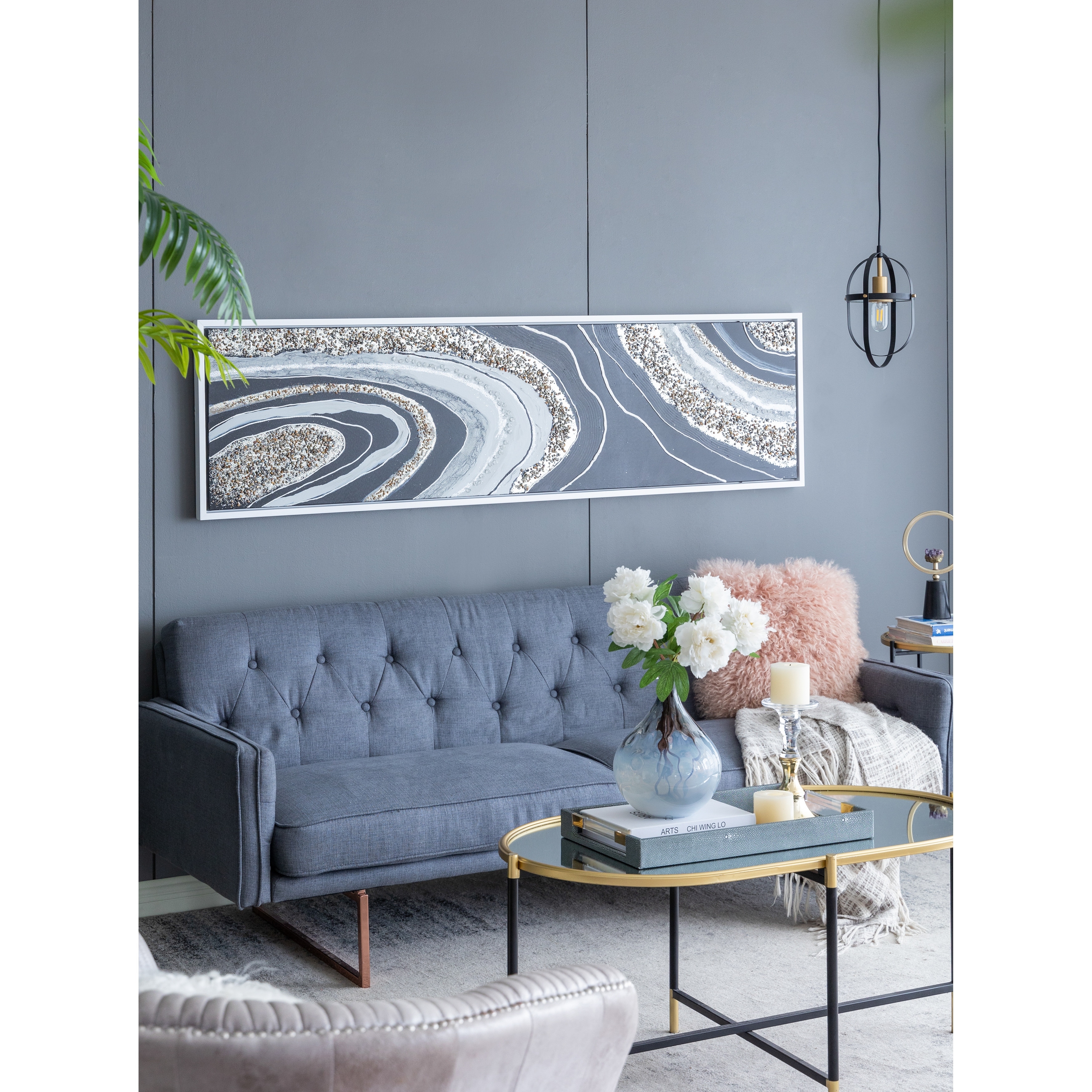 Modern Wall Decor Rectangle Framed Oil Painting with Gemstones and Crystals, for Matching Various Interior Styles