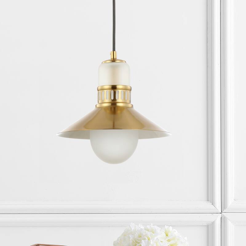 Eugenio 9.75" Adjustable Iron/Glass Retro Hurricane LED Pendant, Brass Gold by JONATHAN Y