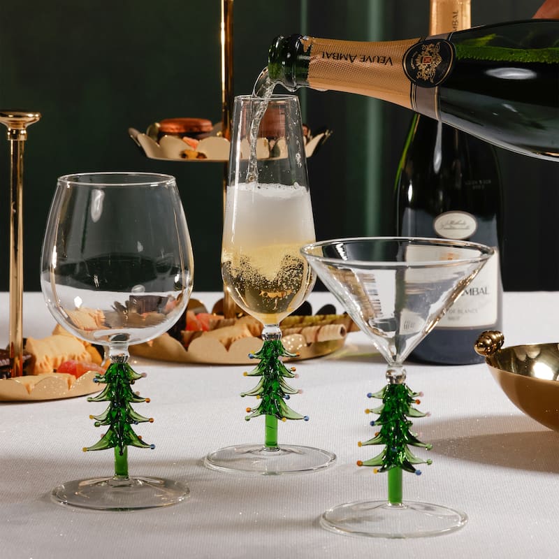 Treetop Cheers Glass Champagne Flutes - Holiday Stemware, Set of 4