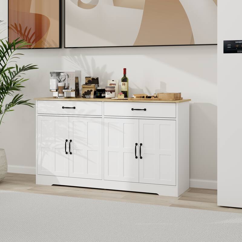 Buffet Cabinet with 2 Drawers & 4 Doors, Large Capacity Wooden Accent Cabinet, Storage Sideboard with 2 Adjustable Shelves - White