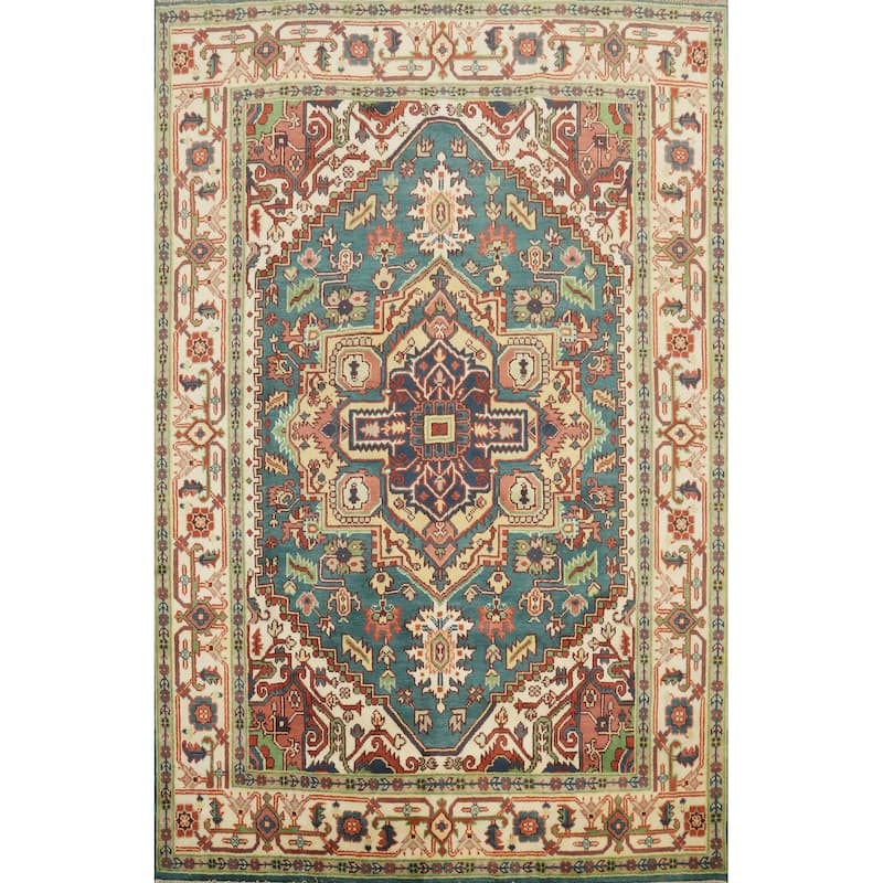 Hand Knotted Oriental 100% Wool Carpet Traditional Medallion Navy Blue & Blues Heriz (serapi) Area Rug - 9' 10'' X 7' 11''