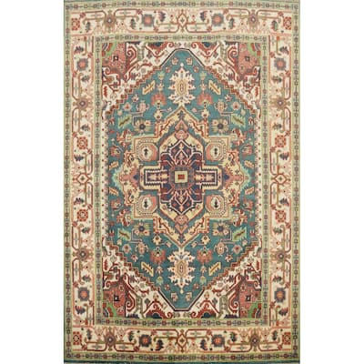 Hand Knotted Oriental 100% Wool Carpet Traditional Medallion Navy Blue & Blues Heriz (serapi) Area Rug - 9' 10'' X 7' 11''