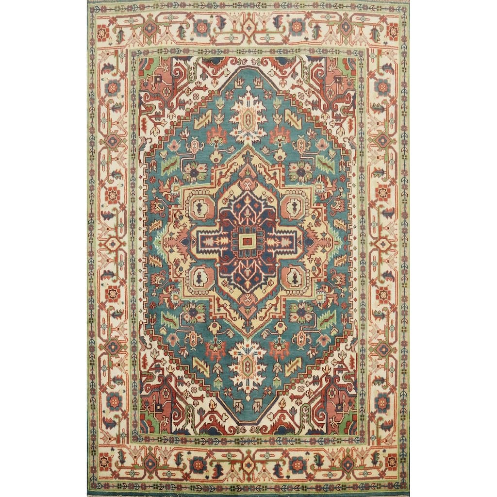 Hand Knotted Oriental 100% Wool Carpet Traditional Medallion Navy Blue & Blues Heriz (serapi) Area Rug - 9' 10'' X 7' 11''