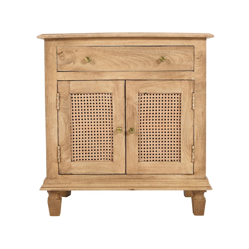 30 Inch Nightstand Table, Rattan Cabinet Doors and Drawer Fronts, Sandblasted Brown Mango Wood