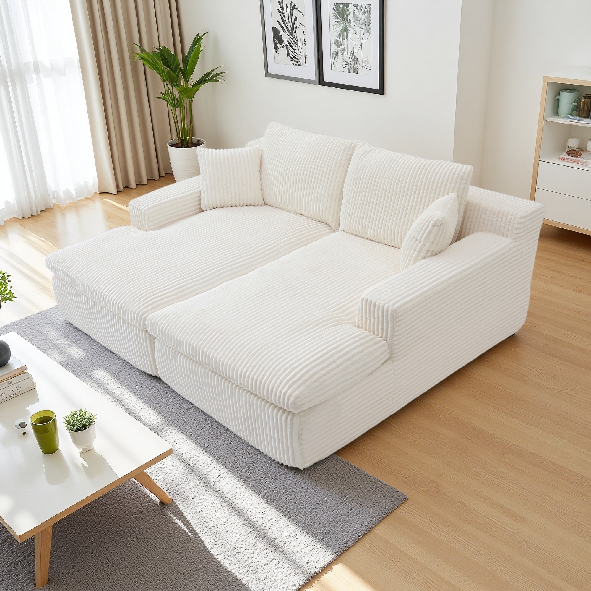 87" Corduroy Double Lounge Chaise Sectional Sofa with Sleeper, No Assembly