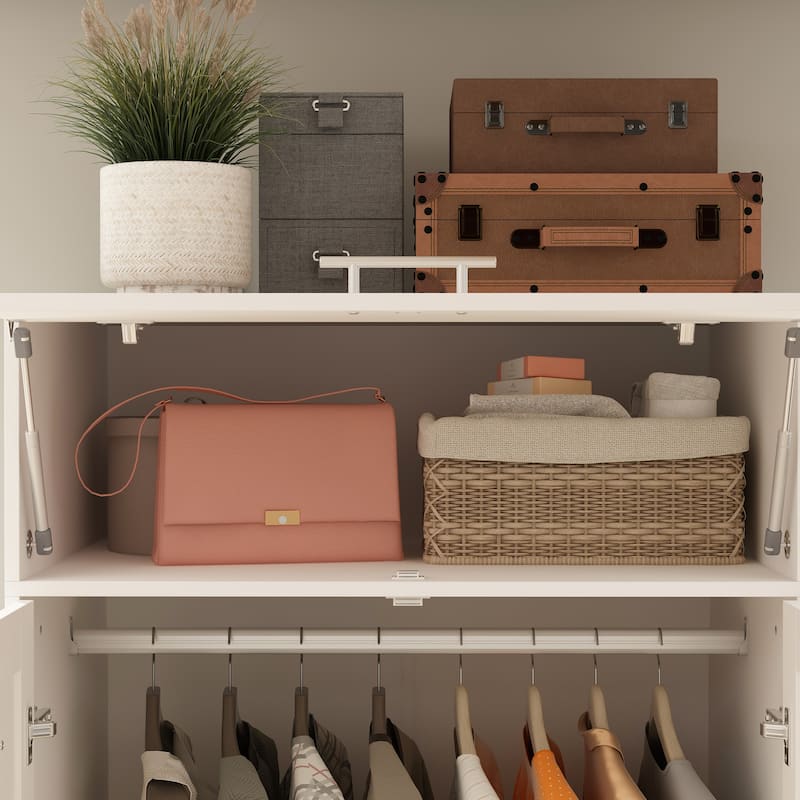 White Entryway Cabinet with Hooks and Hanging Rod - Sleek Design