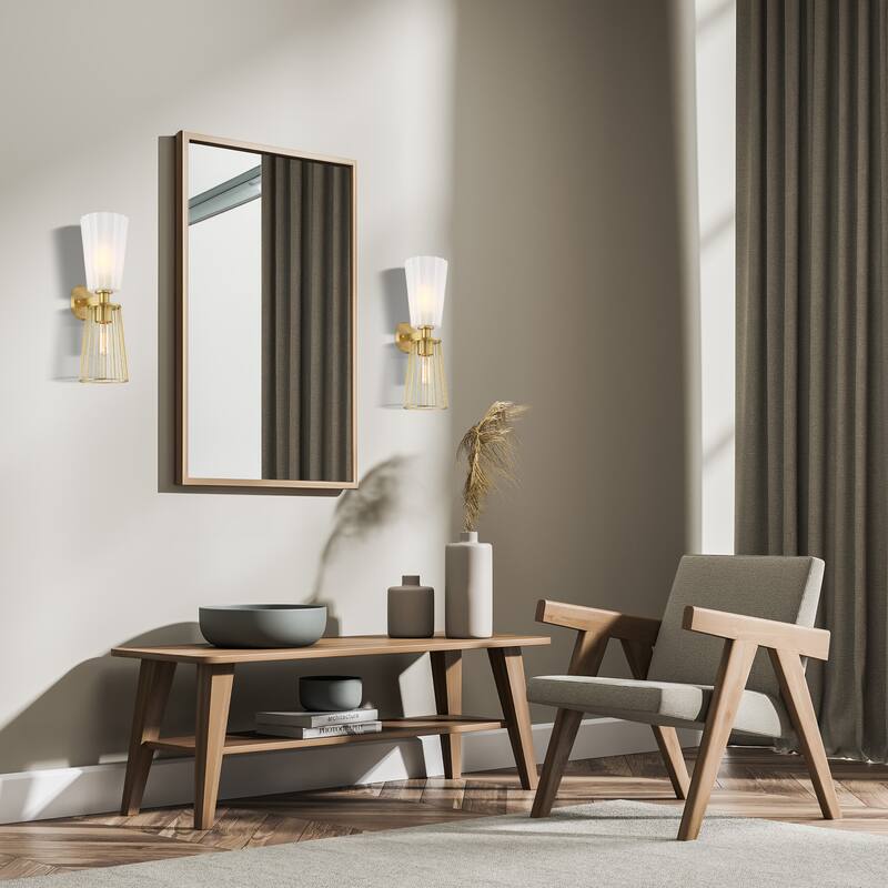 Liana 6 in. 2-Light Brushed Gold Wall Sconce Light with a Combination of Etched Glass and Wire Cage Shades for Bathrooms