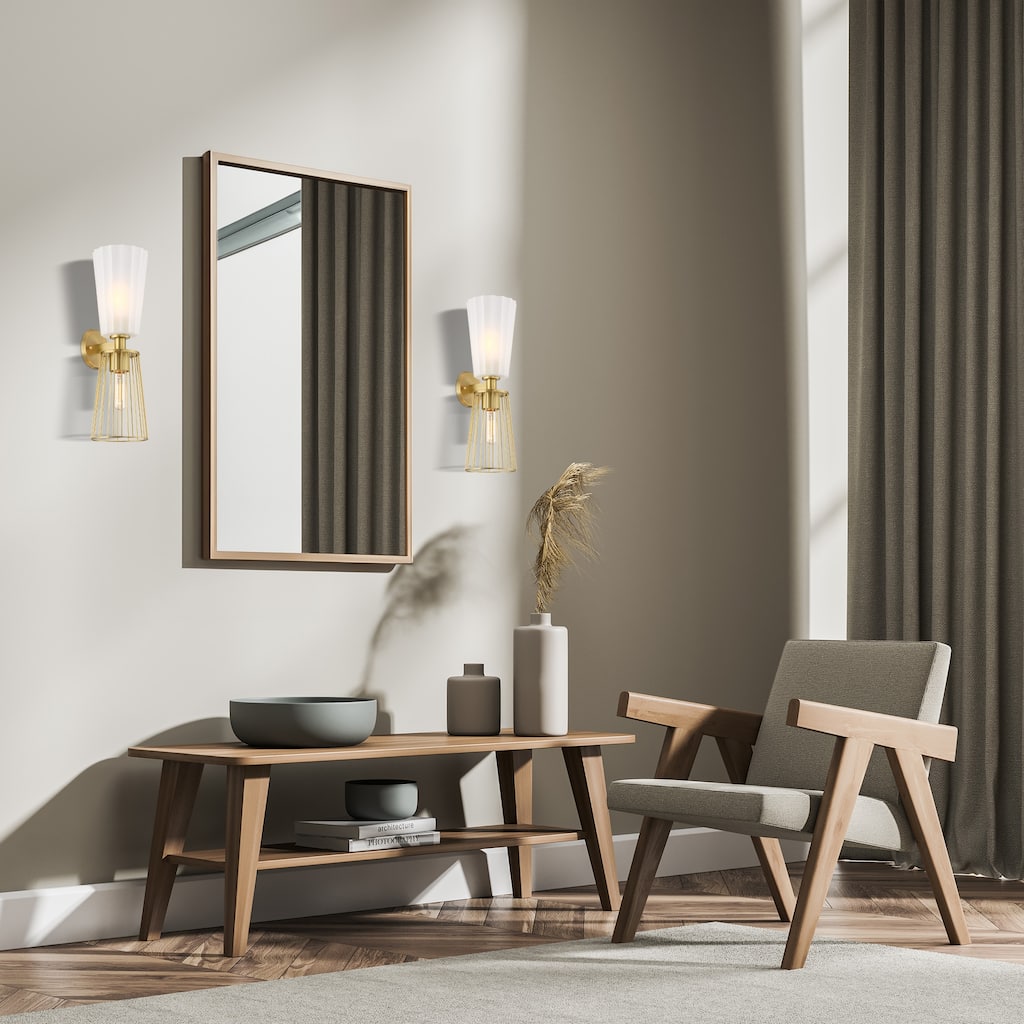 Liana 6 in. 2-Light Brushed Gold Wall Sconce Light with a Combination of Etched Glass and Wire Cage Shades for Bathrooms