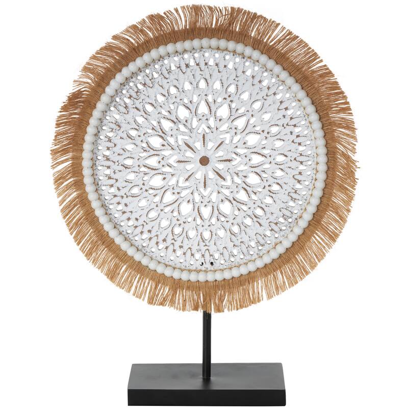 White or Gray Wooden Handmade Seagrass Fringed Sculpture with Black Base
