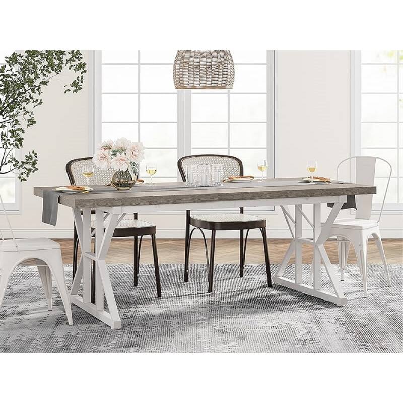 71" Farmhouse Dining Table X-Trestle Metal Legs Grey & White