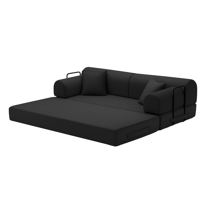 Convertible Sleeper Sofa Bed with Cylindrical Pillow, Corduroy Folding Mattress Couch with Fixed-Shape Frame for Bedroom