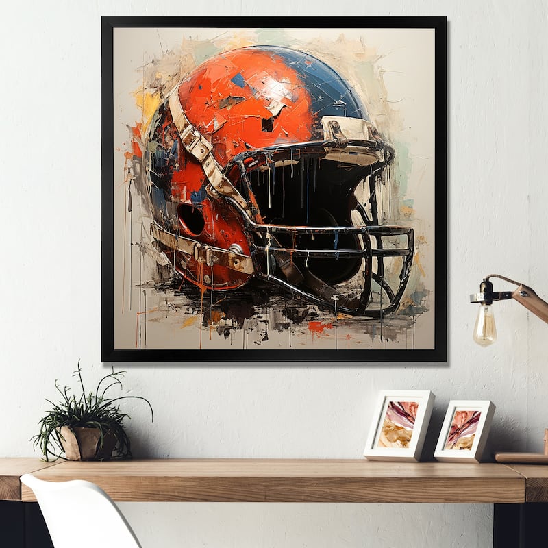 Designart "Minimalist Red Football Helmet II" Sport Football Wall Decor Red Modern Living Room Framed Canvas Art - 30 in. wide x 30 in. high - Black