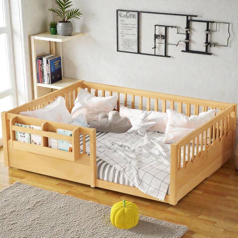 Twin Floor Bed with Heightened Fence and Bookshelf, Wooden Montessori Floor Bed for Kids, Low Profile Design
