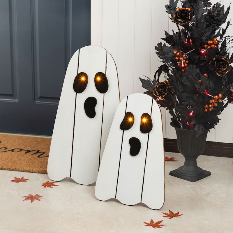 Glitzhome S/2 24"H & 17.75"H Halloween Lighted Wood Ghost Porch Decor
