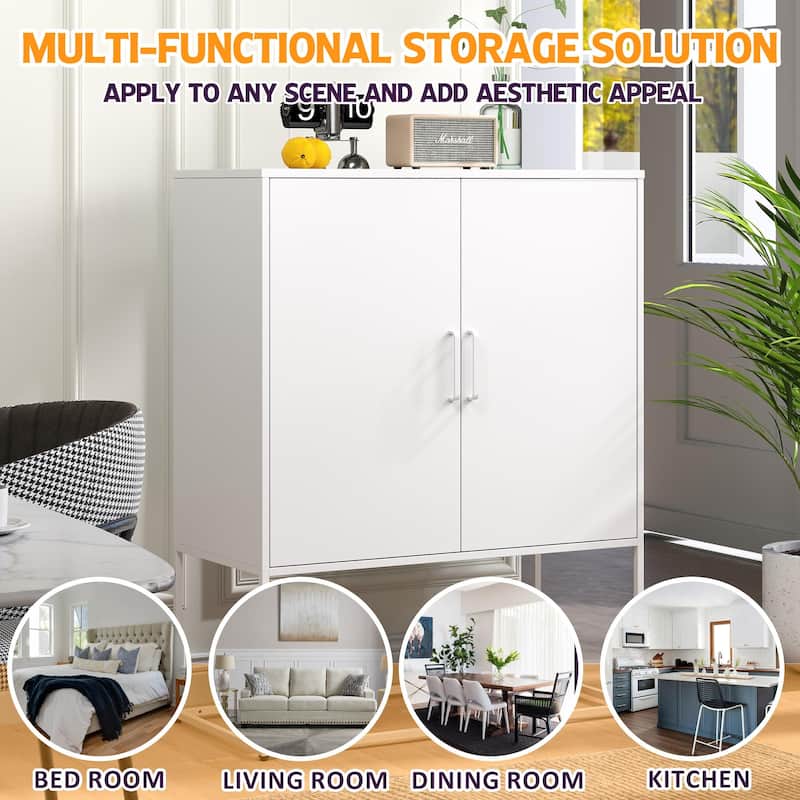 Heavy Duty Metal Buffet Sideboard Modern Steel Storage Cabinet with 2 Shelves, Free Standing Accent Cabinet with Magnetic Doors
