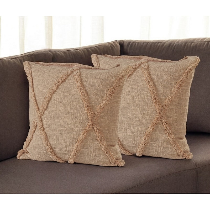 Set of Two Tan Diamond Cotton Throw Pillow With Fringe - Tan