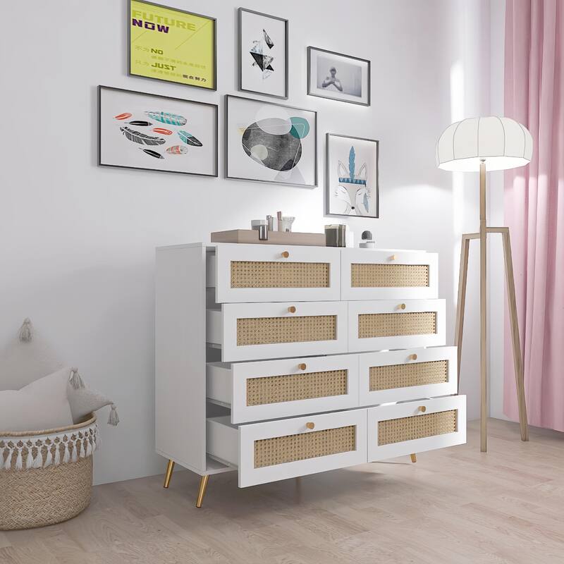 Drawers Chest of Drawers with Rattan Drawer Face Golden Legs and Handles