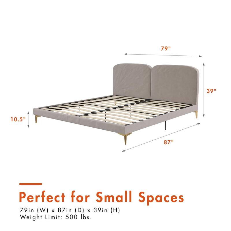 Velvet Upholstered Platform Bed with Foam-Padded Headboard, Modern Metal Legs, King Size