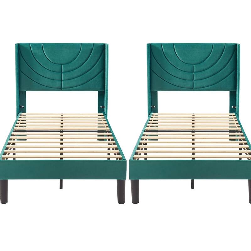 Kids Bed Frame, Height Adjustable Upholstered Bed, Twin Size Bed Set of 2 - Green
